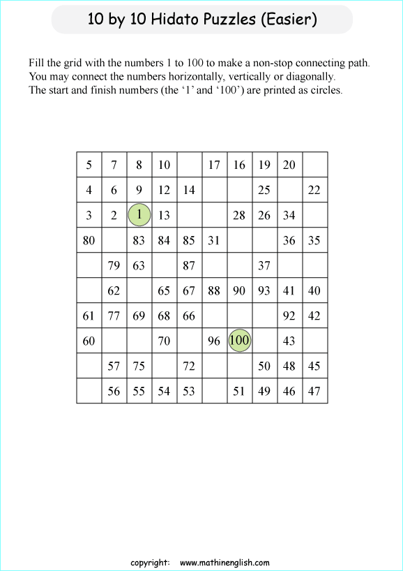 printable 10 by 10 Hidato logic IQ puzzle for kids