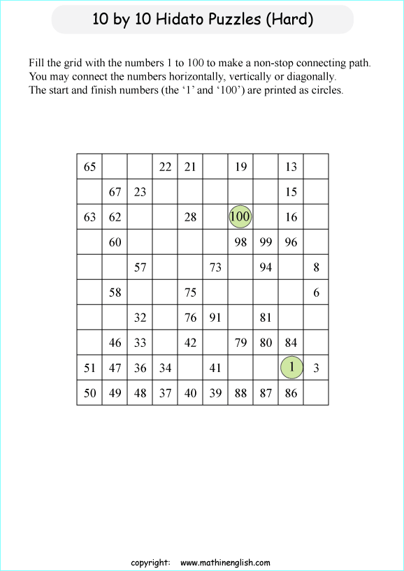 printable 10 by 10 Hidato logic IQ puzzle for kids