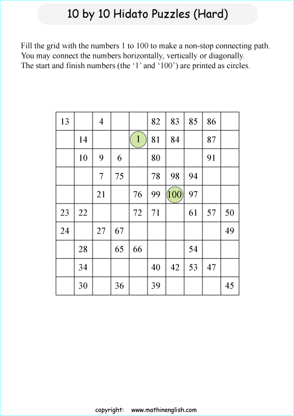 printable 10 by 10 Hidato logic IQ puzzle for kids