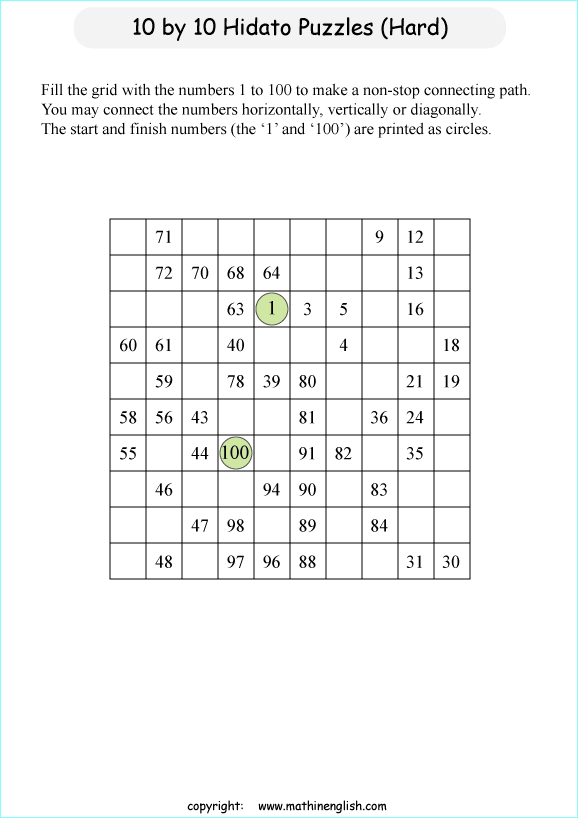 printable 10 by 10 Hidato logic IQ puzzle for kids