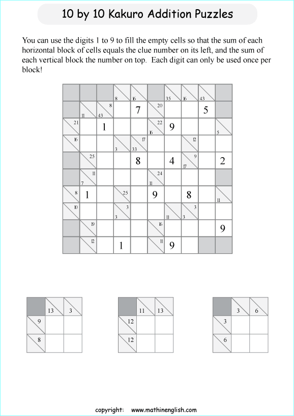 printable 10 by 10 Kakuro addition puzzle for kids