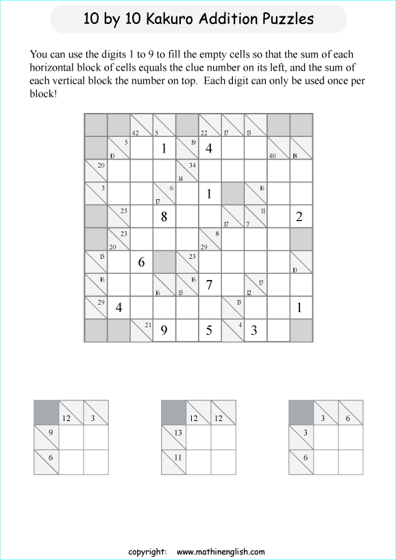 printable 10 by 10 Kakuro addition puzzle for kids