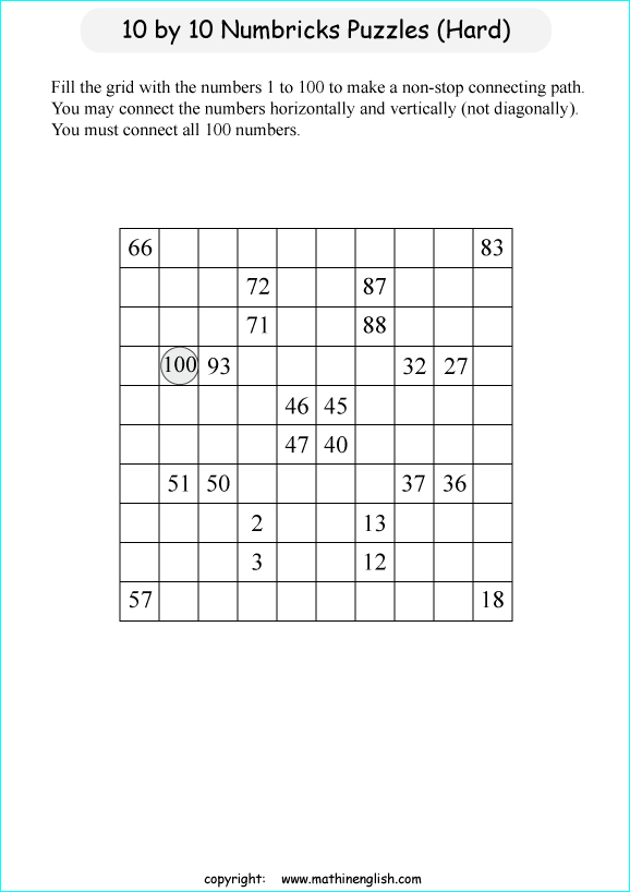 printable 10 by 10 Numbrix IQ number puzzle for kids