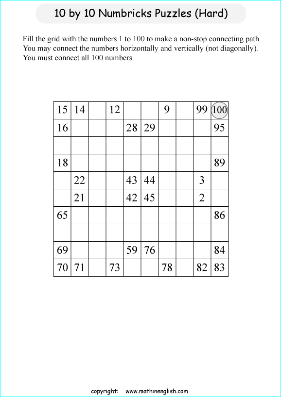 printable 10 by 10 Numbrix IQ number puzzle for kids