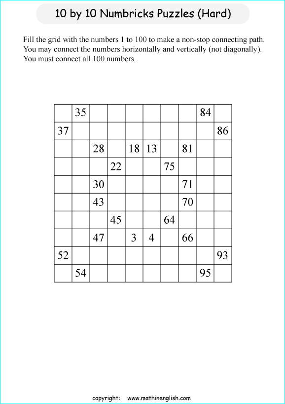 printable 10 by 10 Numbrix IQ number puzzle for kids