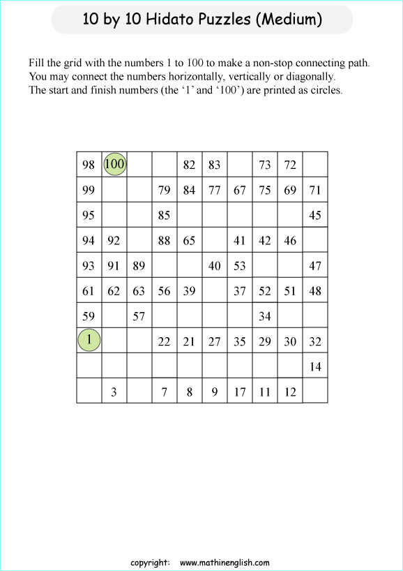 printable 10 by 10 Hidato logic IQ puzzle for kids