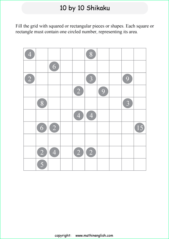 printable 10 by 10 Shikaku logic puzzle for kids