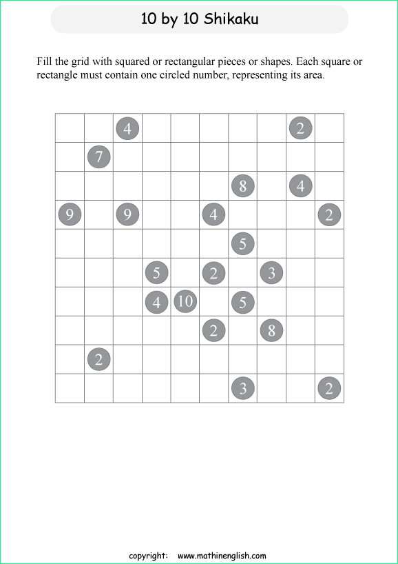 printable 10 by 10 Shikaku logic puzzle for kids