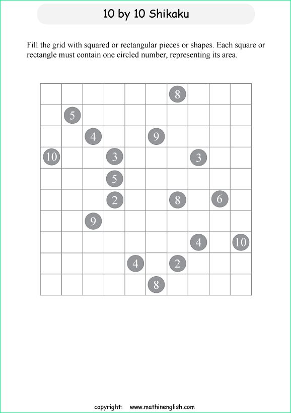 printable 10 by 10 Shikaku logic puzzle for kids