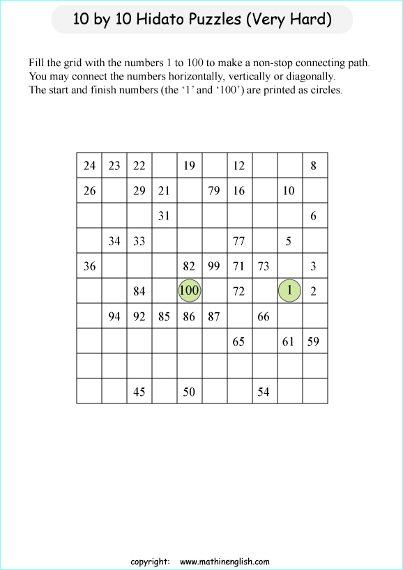 printable 10 by 10 Hidato logic IQ puzzle for kids