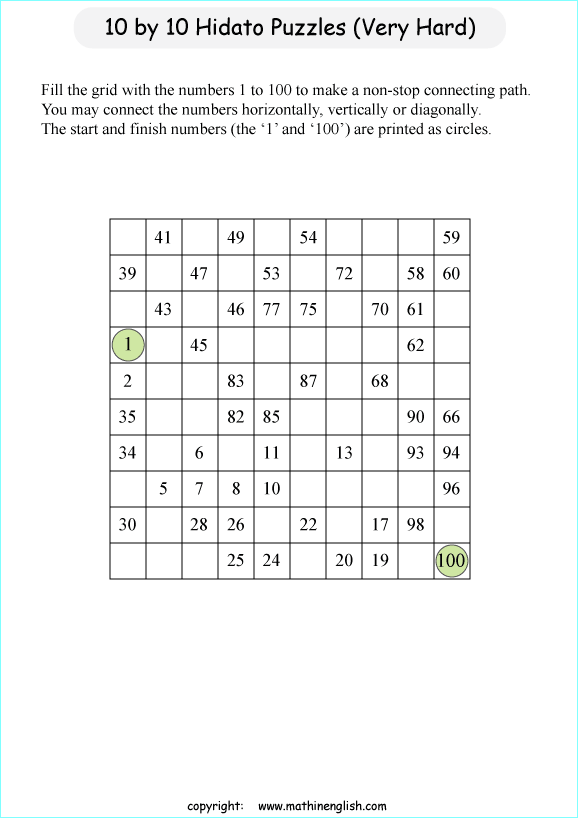 printable 10 by 10 Hidato logic IQ puzzle for kids