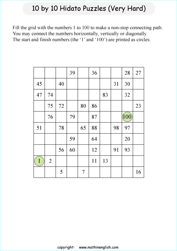 printable 10 by 10 Hidato logic IQ puzzle for kids