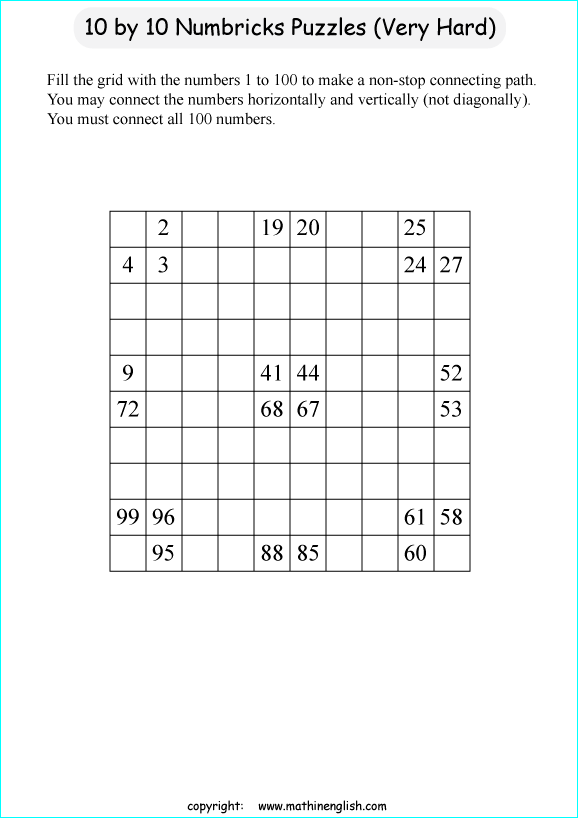 printable 10 by 10 Numbrix IQ number puzzle for kids