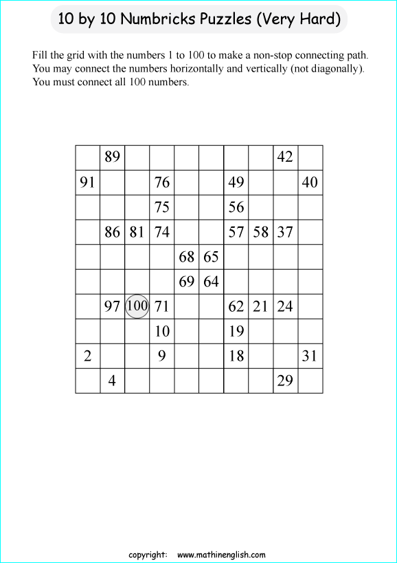 printable 10 by 10 Numbrix IQ number puzzle for kids