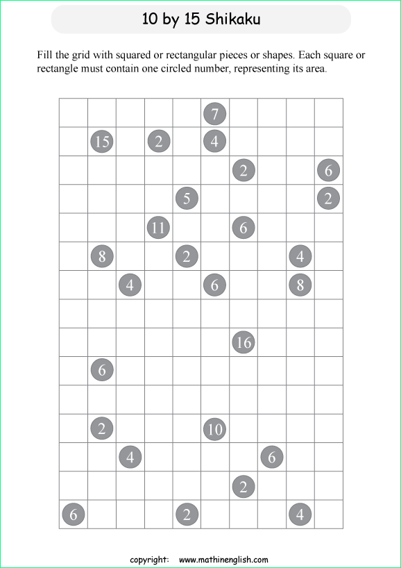 printable 10 by 15 Shikaku logic puzzle for kids