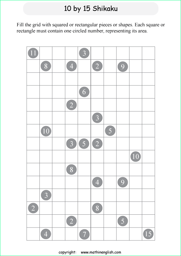 printable 10 by 15 Shikaku logic puzzle for kids