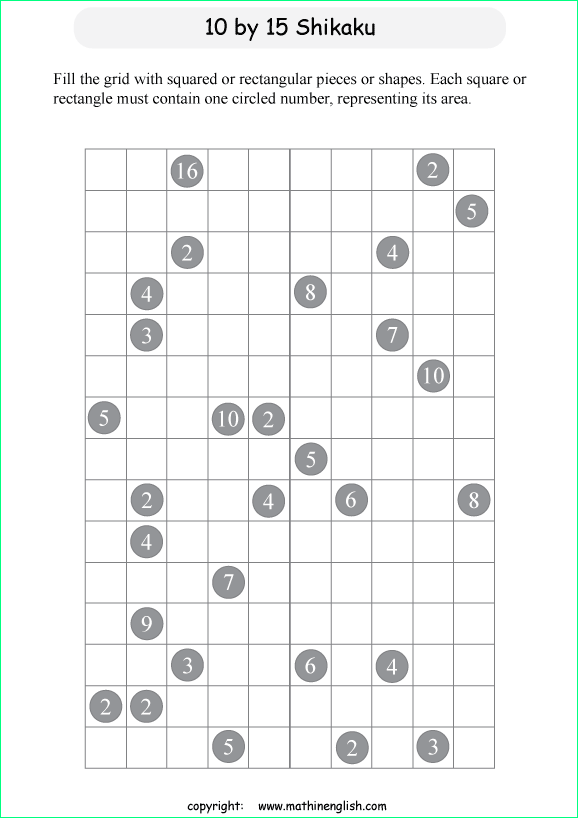 printable 10 by 15 Shikaku logic puzzle for kids