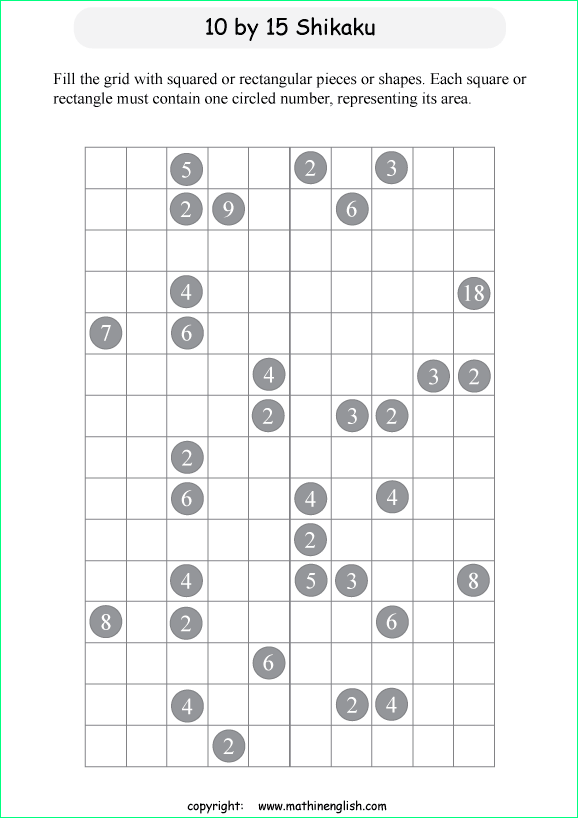 printable 10 by 15 Shikaku logic puzzle for kids