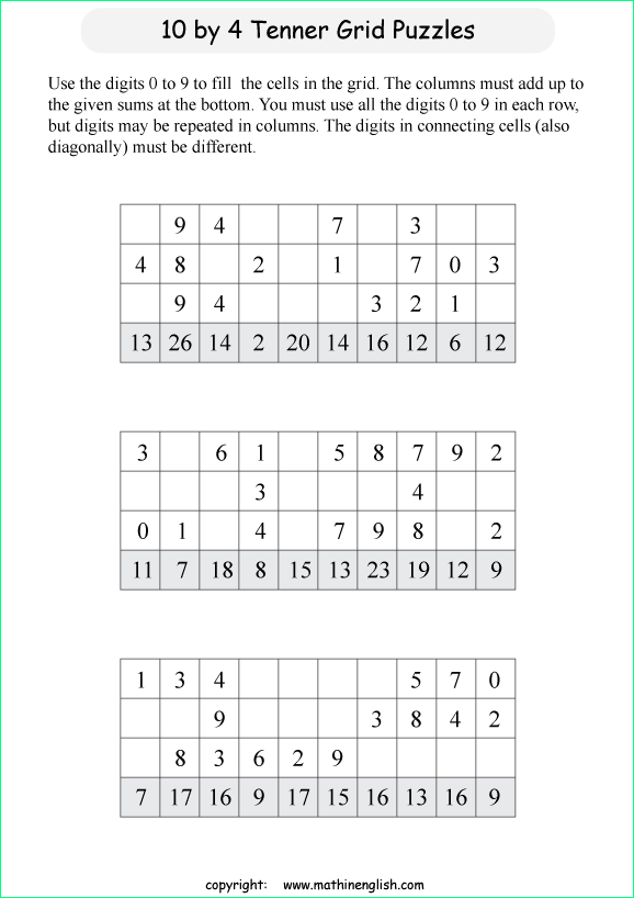 printable 10 by 4 Tenner grids math number and IQ puzzle for kids and math students