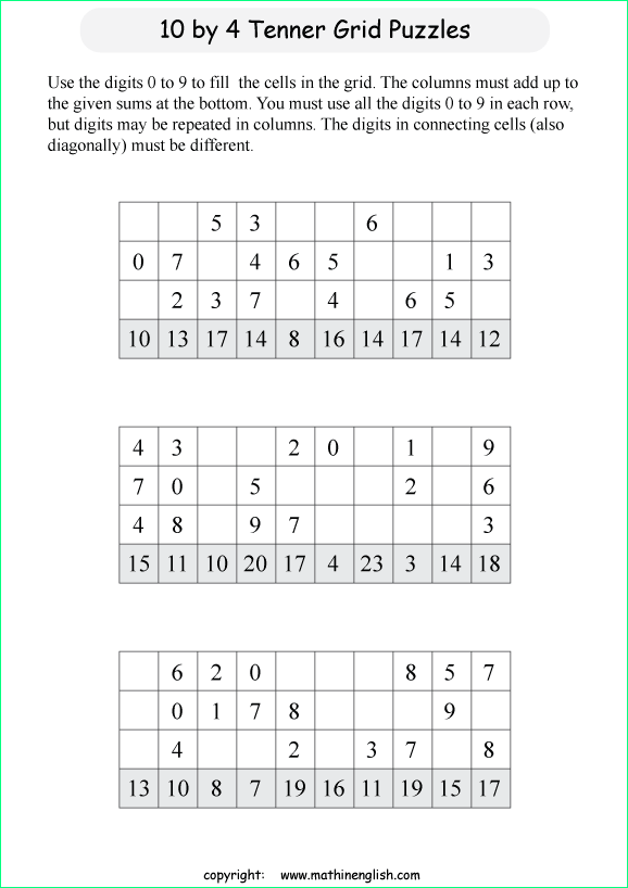 printable 10 by 4 Tenner grids math number and IQ puzzle for kids and math students