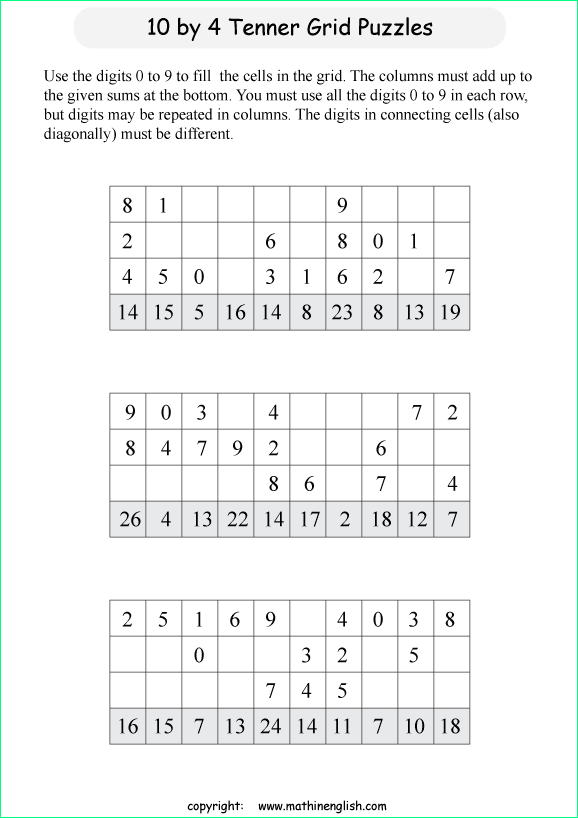 printable 10 by 4 Tenner grids math number and IQ puzzle for kids and math students