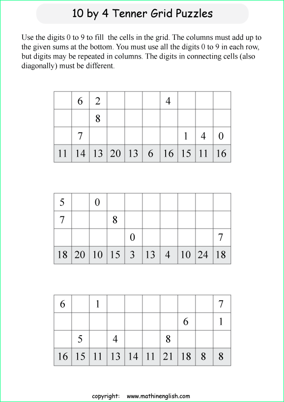 printable 10 by 4 Tenner grids math number and IQ puzzle for kids and math students