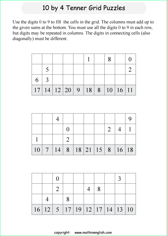 printable 10 by 4 Tenner grids math number and IQ puzzle for kids and math students