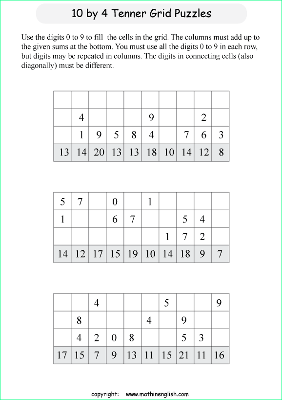 printable 10 by 4 Tenner grids math number and IQ puzzle for kids and math students