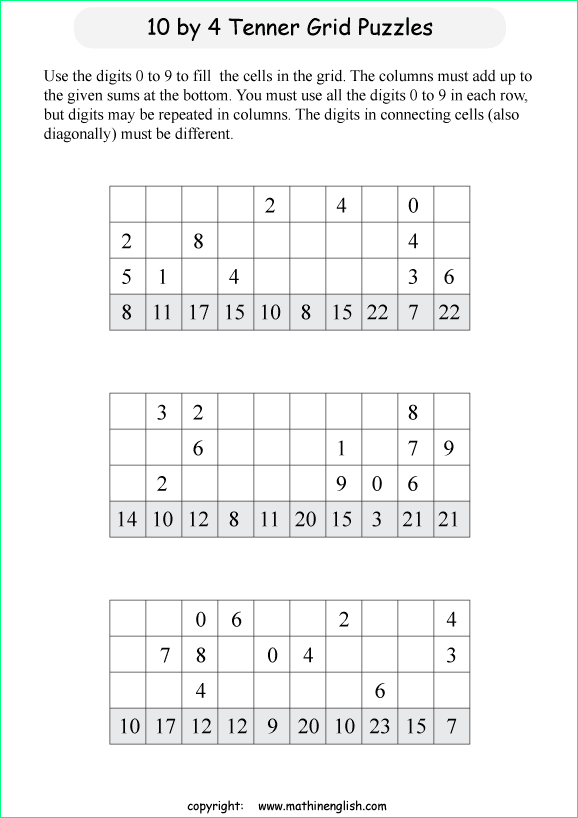 printable 10 by 4 Tenner grids math number and IQ puzzle for kids and math students