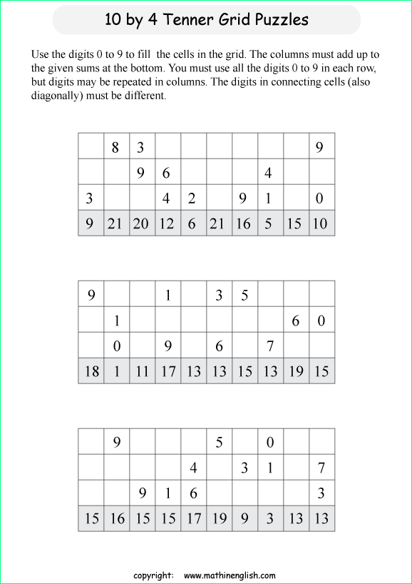 printable 10 by 4 Tenner grids math number and IQ puzzle for kids and math students