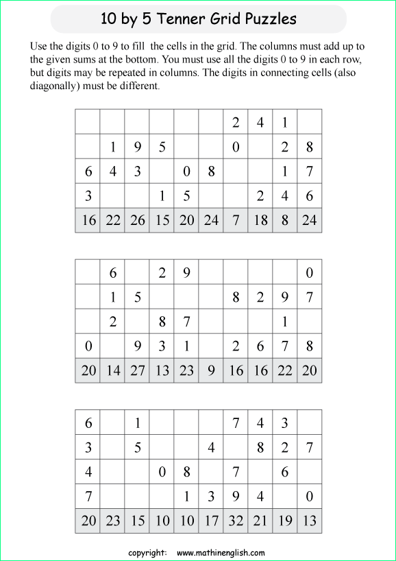 printable 10 by 5 Tenner grids math number and IQ puzzle for kids and math students