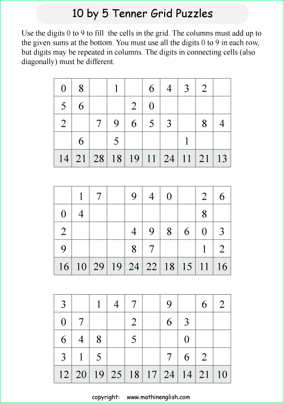 printable 10 by 5 Tenner grids math number and IQ puzzle for kids and math students