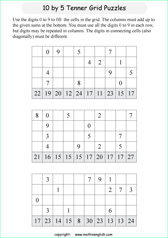 printable 10 by 5 Tenner grids math number and IQ puzzle for kids and math students