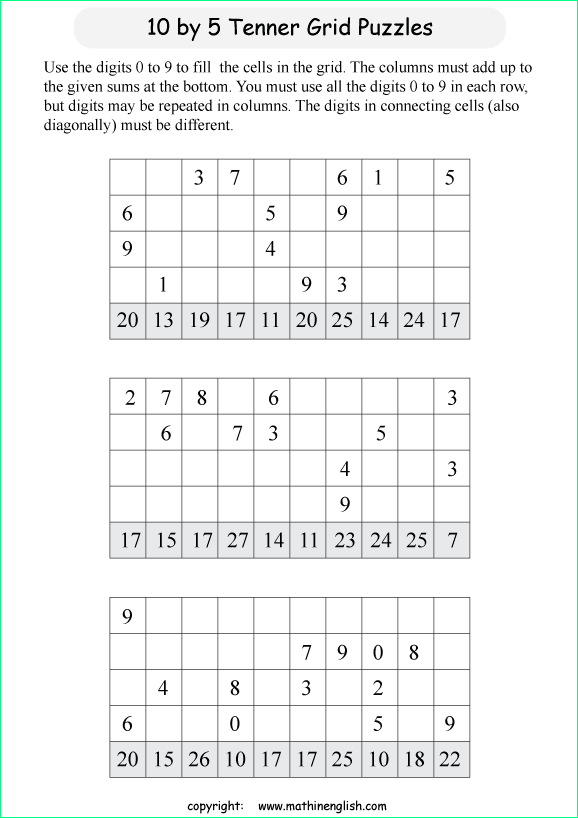 printable 10 by 5 Tenner grids math number and IQ puzzle for kids and math students