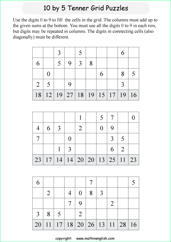 printable 10 by 5 Tenner grids math number and IQ puzzle for kids and math students