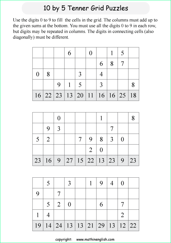 printable 10 by 5 Tenner grids math number and IQ puzzle for kids and math students