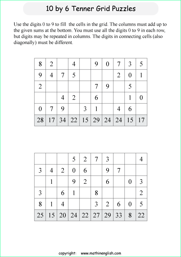 printable 10 by 6 Tenner grids math number and IQ puzzle for kids and math students