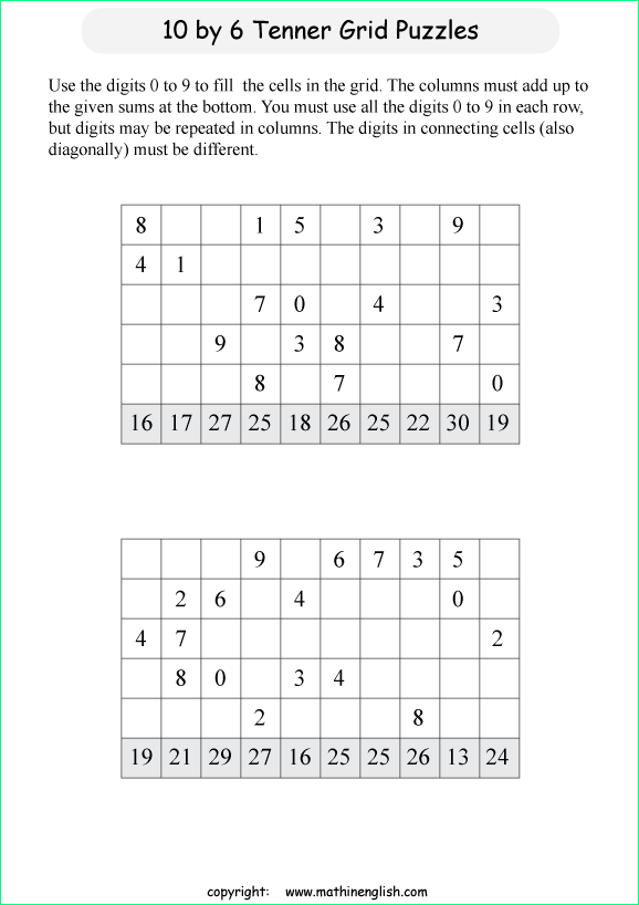 printable 10 by 6 Tenner grids math number and IQ puzzle for kids and math students