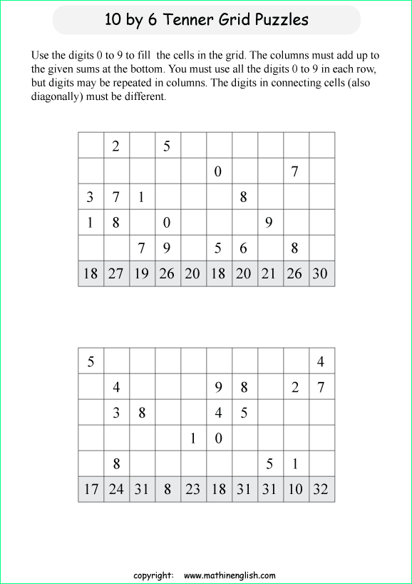 printable 10 by 6 Tenner grids math number and IQ puzzle for kids and math students