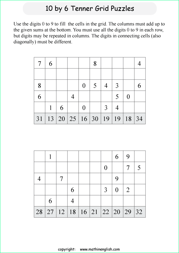 printable 10 by 6 Tenner grids math number and IQ puzzle for kids and math students