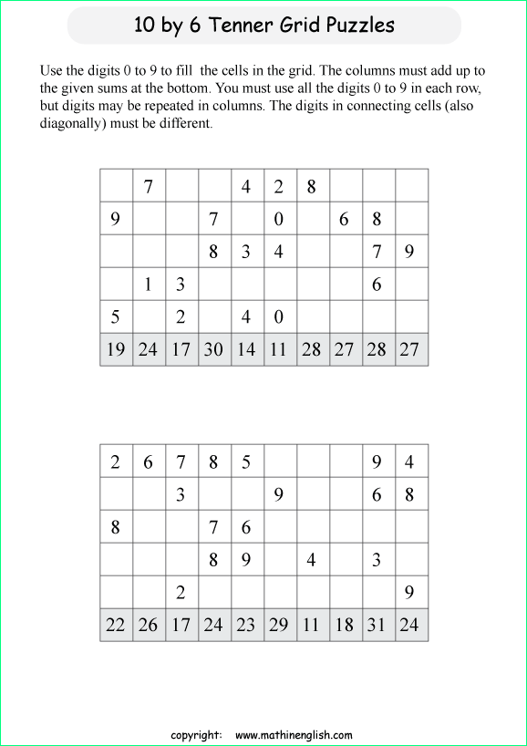 printable 10 by 6 Tenner grids math number and IQ puzzle for kids and math students