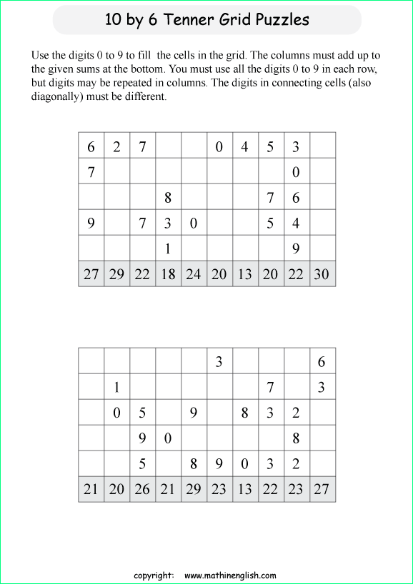 printable 10 by 6 Tenner grids math number and IQ puzzle for kids and math students