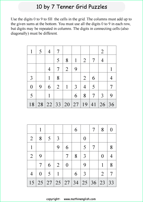 printable 10 by 7 Tenner grids math number and IQ puzzle for kids and math students