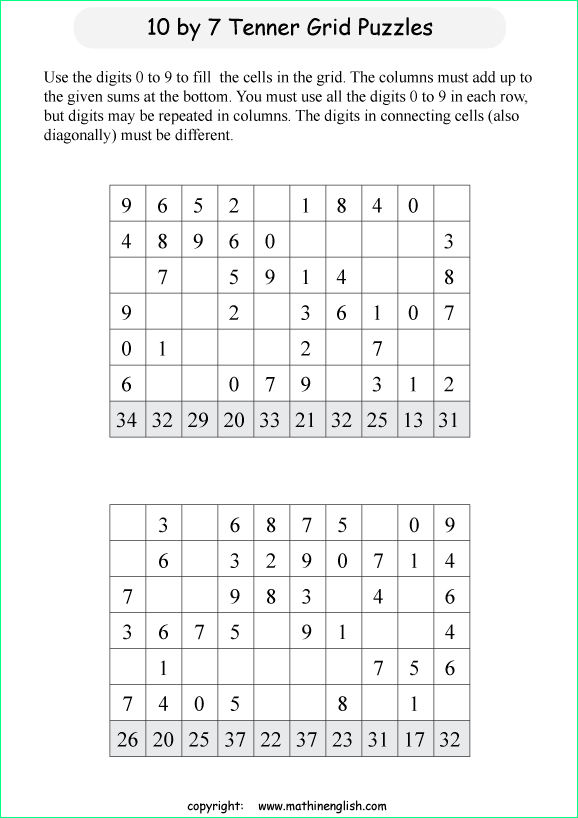 printable 10 by 7 Tenner grids math number and IQ puzzle for kids and math students