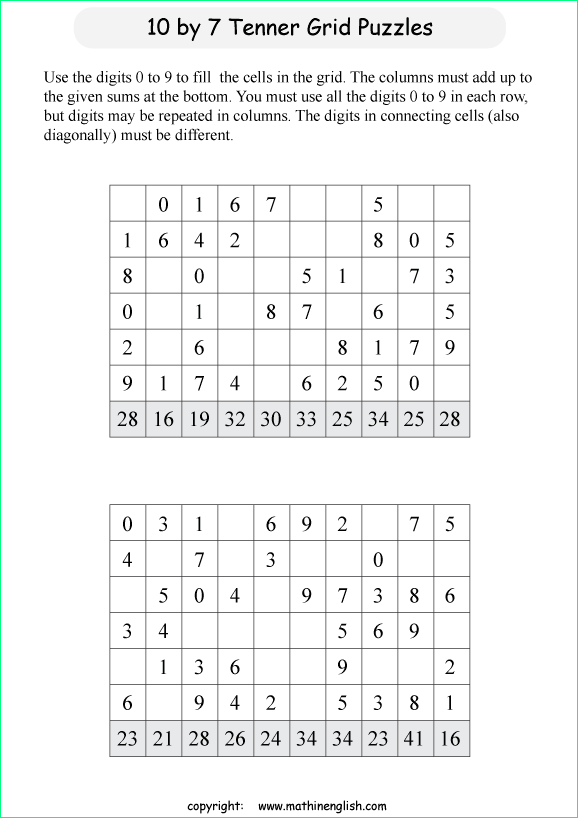 printable 10 by 7 Tenner grids math number and IQ puzzle for kids and math students