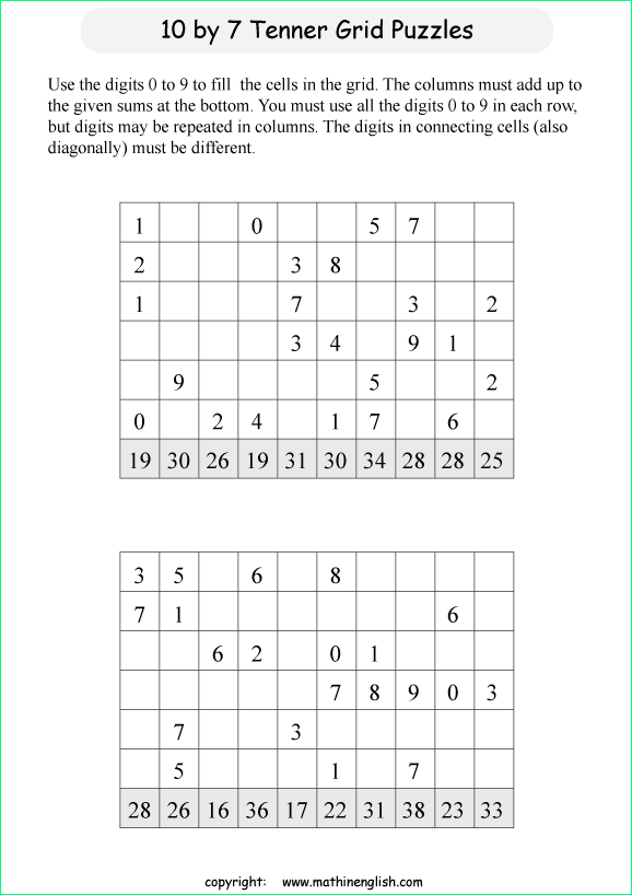 printable 10 by 7 Tenner grids math number and IQ puzzle for kids and math students