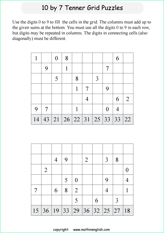 printable 10 by 7 Tenner grids math number and IQ puzzle for kids and math students