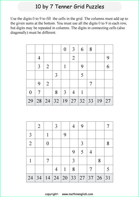 printable 10 by 7 Tenner grids math number and IQ puzzle for kids and math students