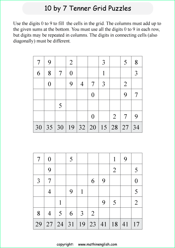 printable 10 by 7 Tenner grids math number and IQ puzzle for kids and math students