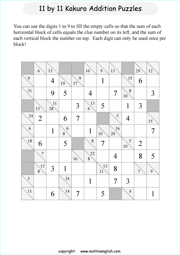 printable 11 by 11 Kakuro addition puzzle for kids